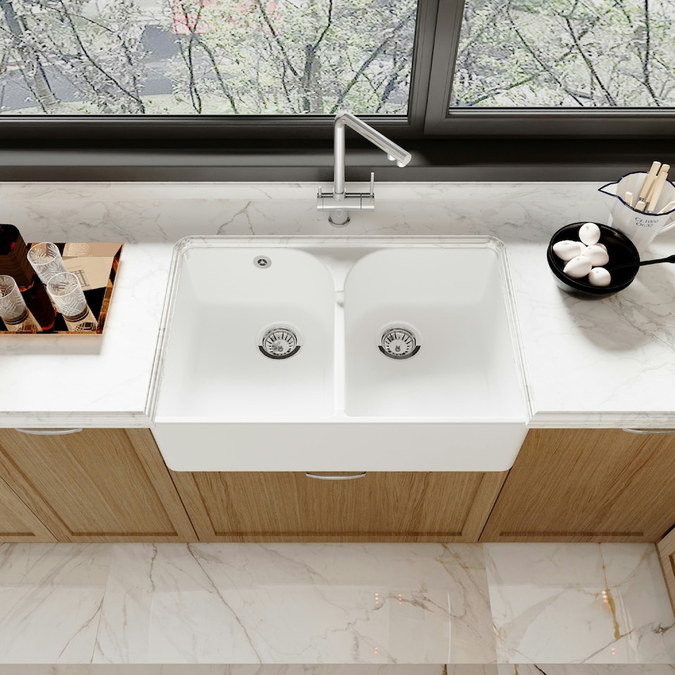 image 1 of 795mmDouble Bowl Fireclay Butler Kitchen Sink - Stepped Weir &  Wastes
