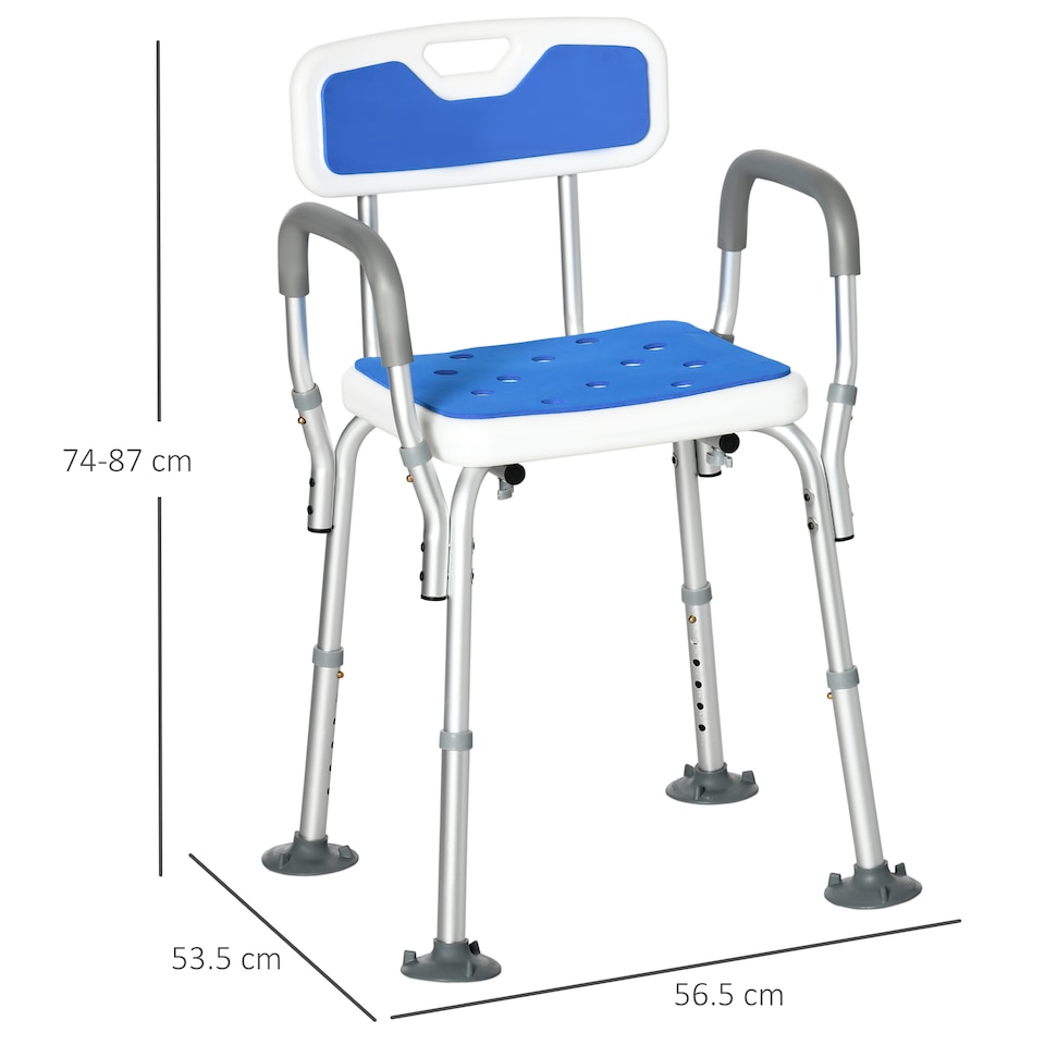 image 1 of HOMCOM EVA Padded Shower Chair for the Elderly and Disabled, Height Adjustable Shower Stool with Back and Arms, 4 Suction Foot Pads, Blue