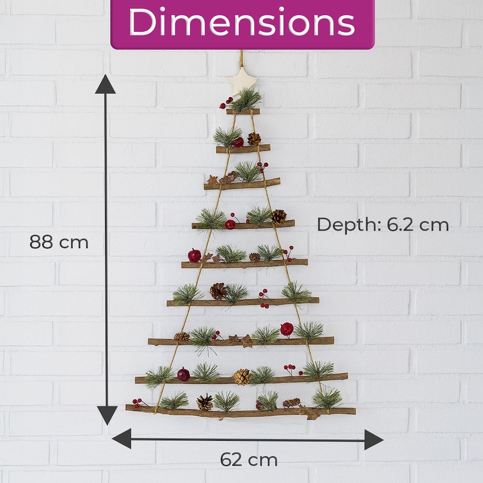 image 1 of Neo Wooden Hanging Wall Xmas Christmas Tree Ladder Decoration Rustic Nordic Hygge Style with Pine Cones Red Berries Jute Rope Wall Mounted Décor
