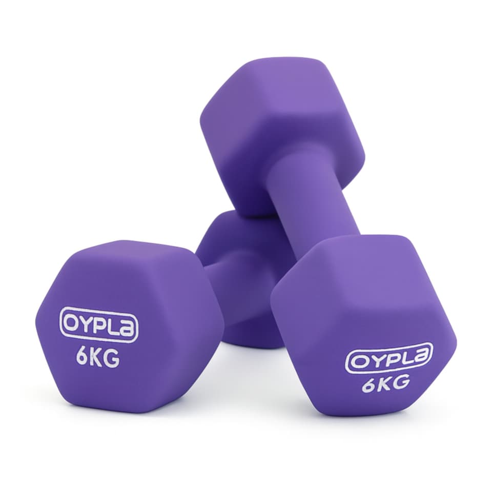 image 1 of Pair of 6kg Hex Anti Roll Neoprene Non Slip Hand Dumbbells Workout Weights