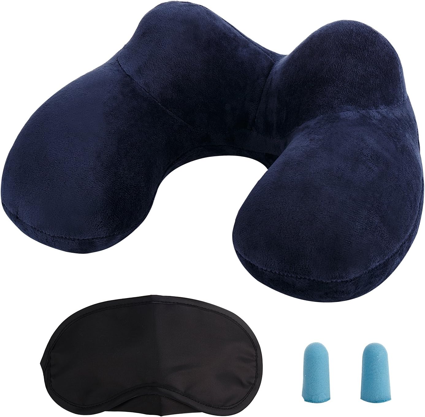 Inflatable travel neck pillow. Ergonomic, soft velvet washable pillowcase. Includes ear plug and eye mask. For airplane, car. Blue