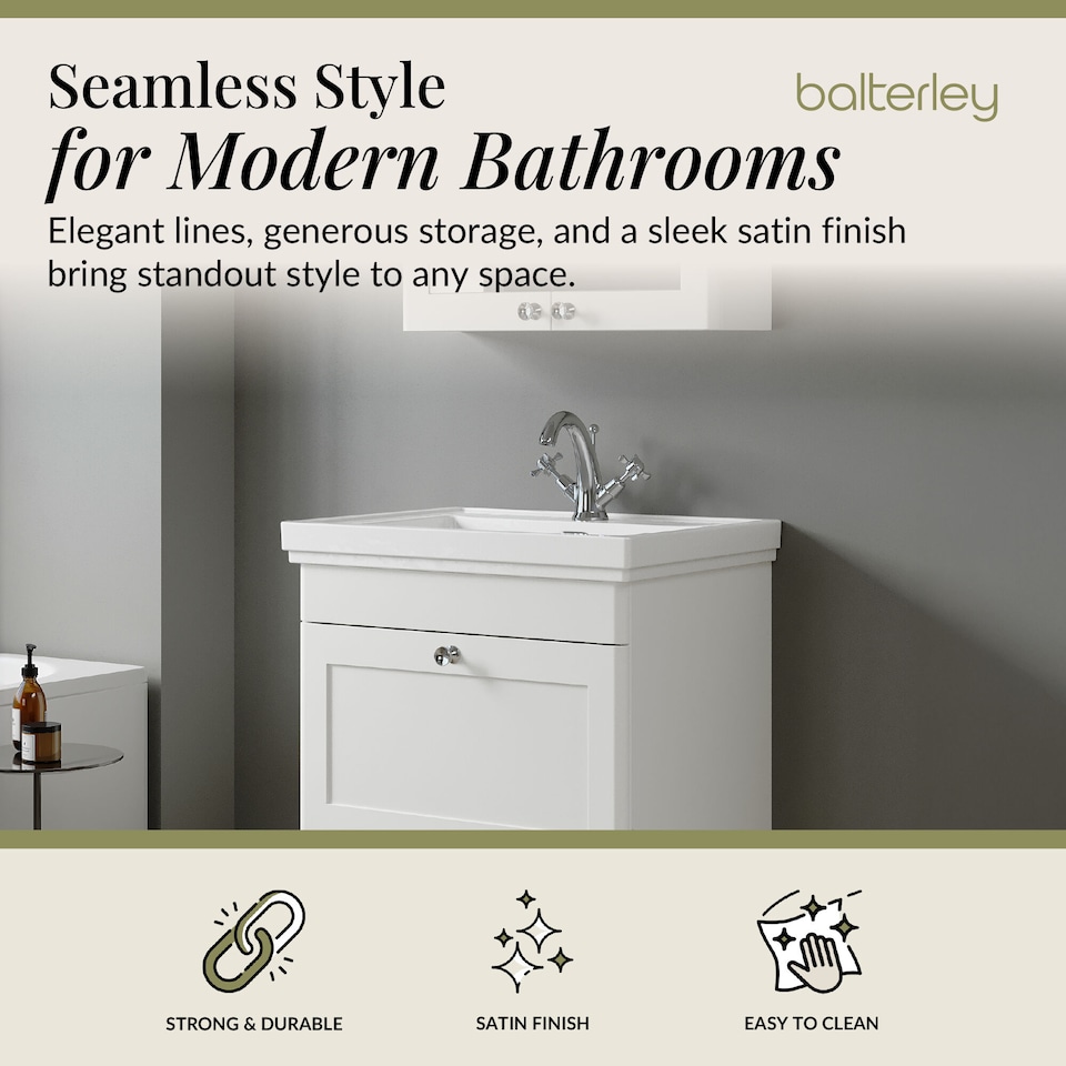 image 1 of Bathroom Wall Hung 1-Drawer Vanity Unit & Fireclay Basin, White, 600mm | White | Satin White | 471 x 631 x 496mm