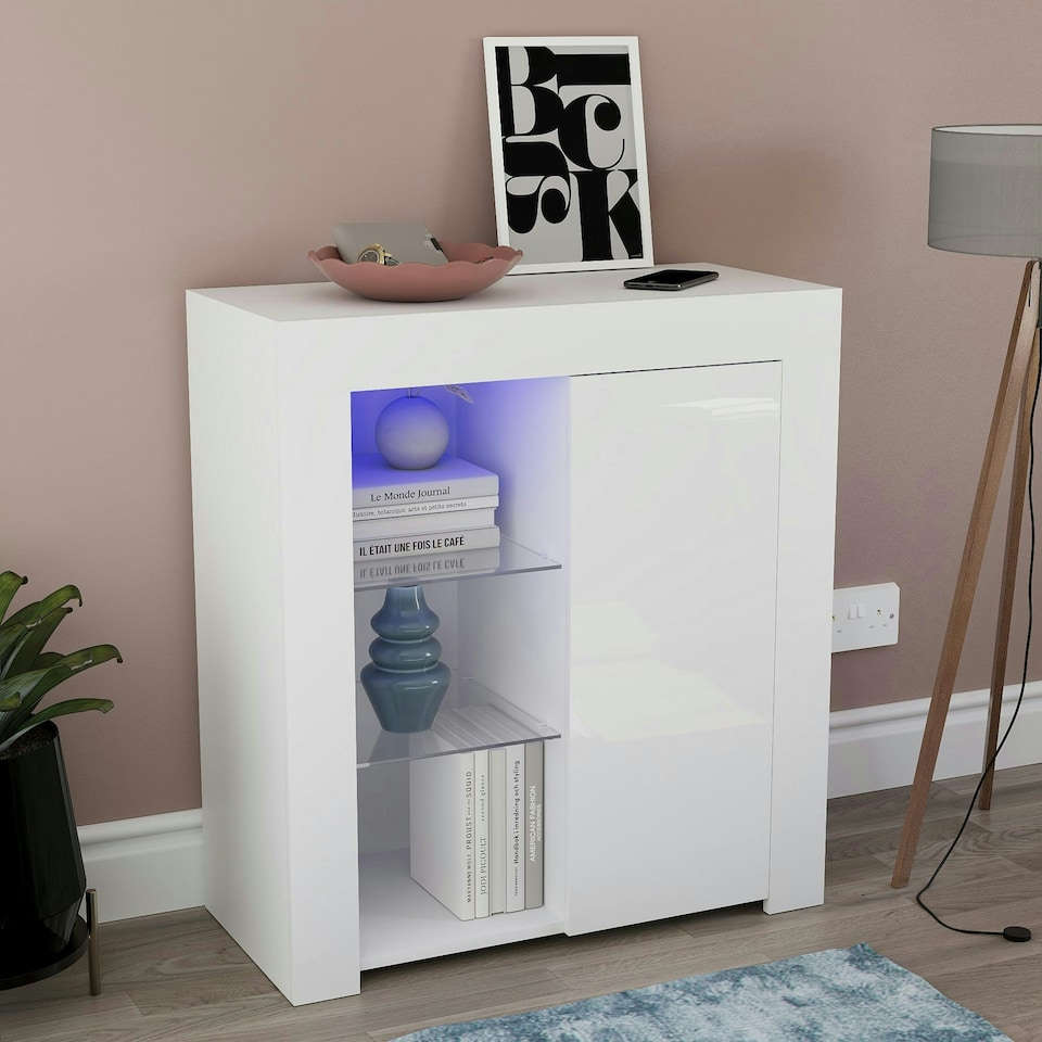 image 1 of Vida Designs Azura 1 Door LED Sideboard Buffet Cabinet Storage, White