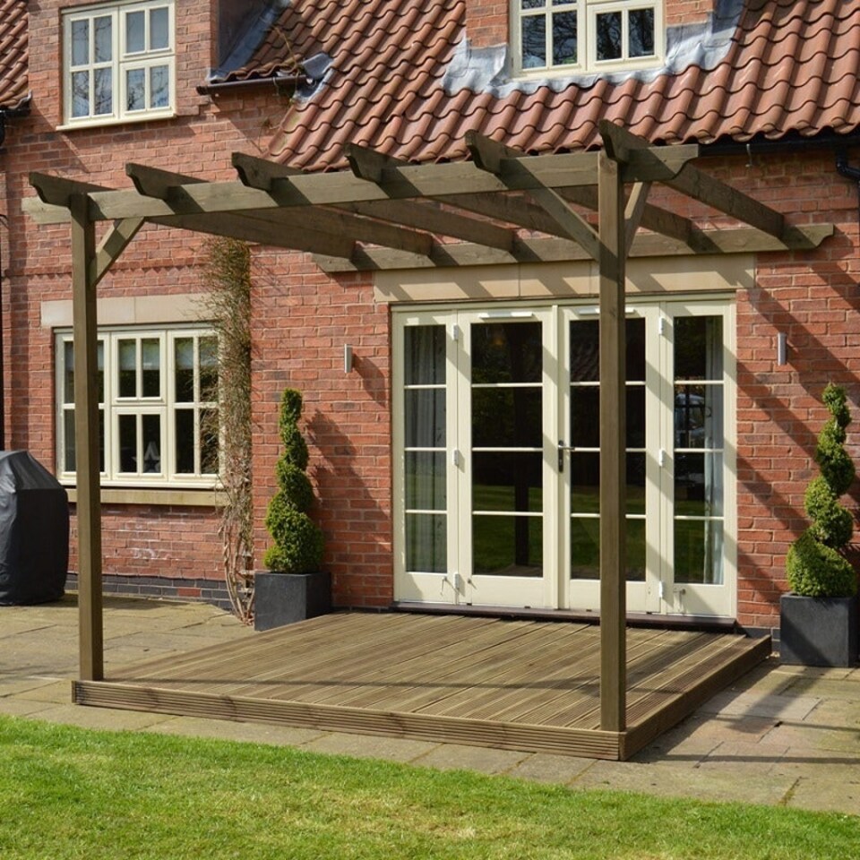 image 1 of Wall Mounted Pergola and Decking Kit - L360 x W360 x H270  cm - Rustic Brown