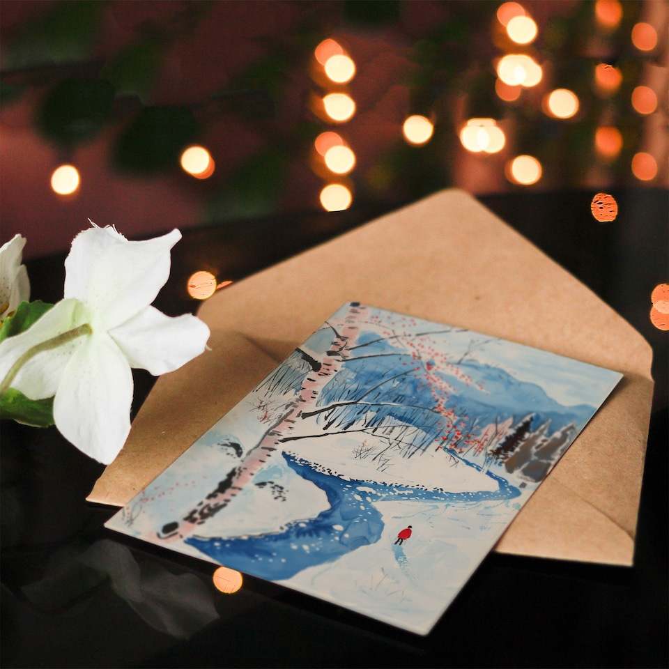 image 1 of Greeting Card Winter Hike By River Forest Snow Landscape Birthday