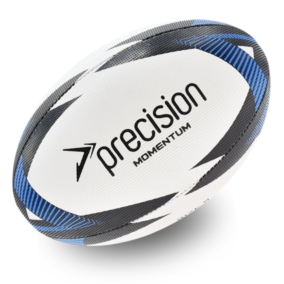 image 1 of Precision Momentum Rugby Training Ball, Premium Rubber, Hand-Stitched, All-Weather Grip, Extra Strong, Ideal For Clubs And Schools, White|Black|Blue, Size 5