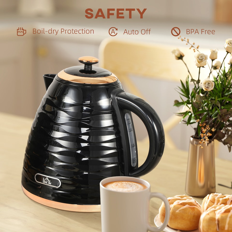 image 1 of HOMCOM Electric Kettle 1.7L, Fast Boil, 3kW Cordless Water Kettle with Removable Washable Anti-scale Filter, UK Otter Thermostat, Auto Shut-off, 360degree Swivel, BPA Free, Black Water Ripple Texture