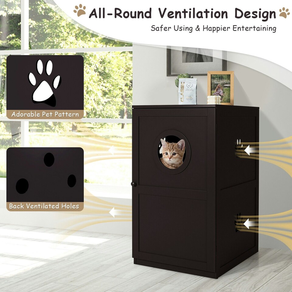 image 1 of COSTWAY 2-Tier Cat House Litter Box Enclosure Storage Cabinet Brown
