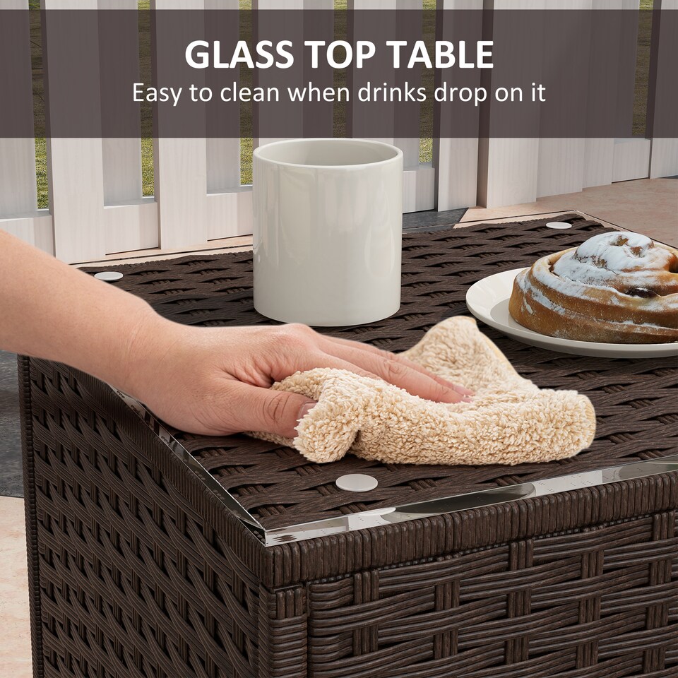 image 1 of Outsunny 3 Pieces Rattan Bistro Set, Wicker Garden Furniture Set with Cushions, Glass Top Coffee Table and Rocking Chairs, Small Balcony Furniture for Outdoor, Porch, Brown