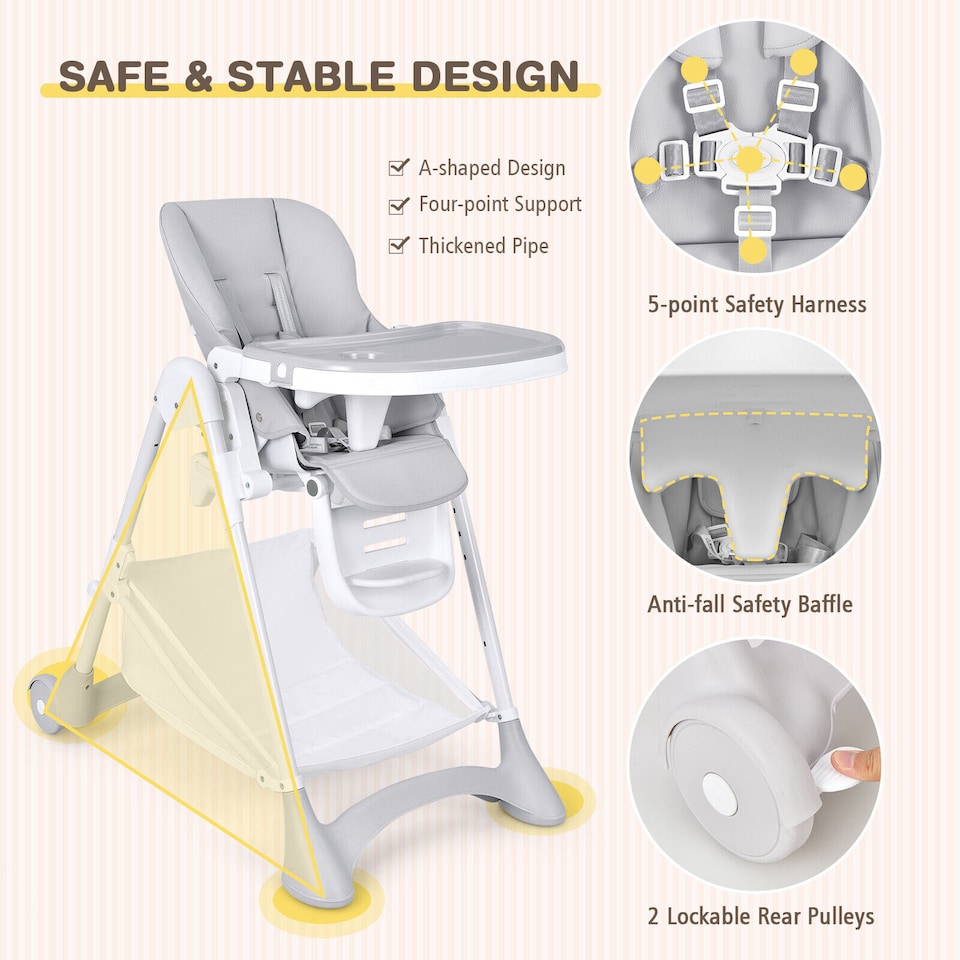 image 1 of COSTWAY Folding Baby High Chair Convertible Dining Chair Portable Highchair-Grey