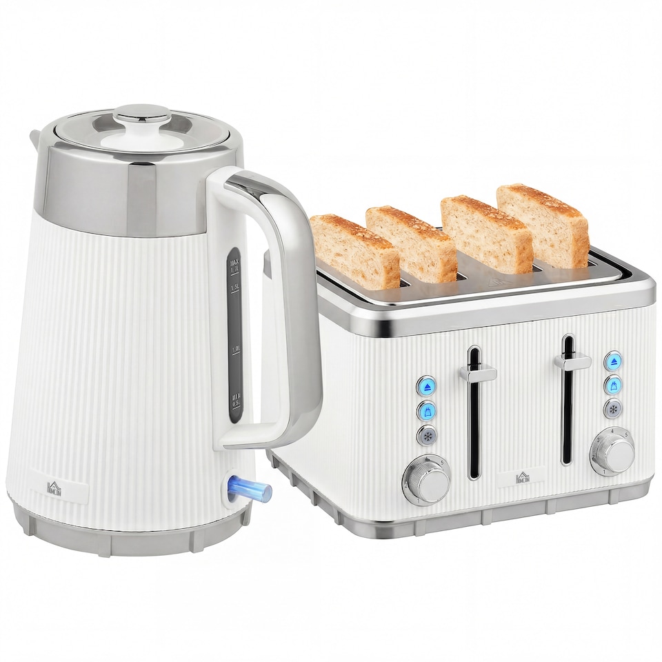 image 1 of HOMCOM 1.7L 3000W Rapid Boil Kettle and 4 Slice Toaster Set Crumb Tray White | White
