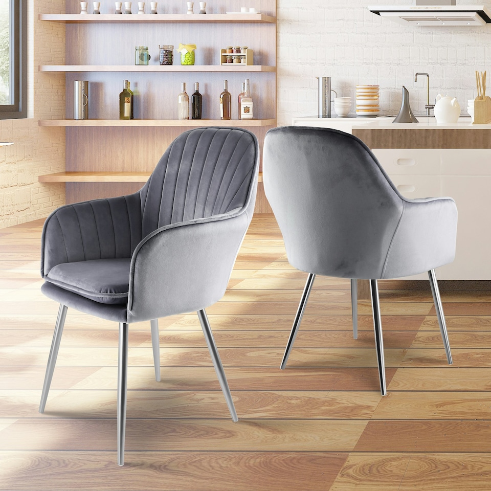 image 1 of MUSE Pair of Chairs Upholstered in Velvet Fabric with Silver Legs - Grey Grey