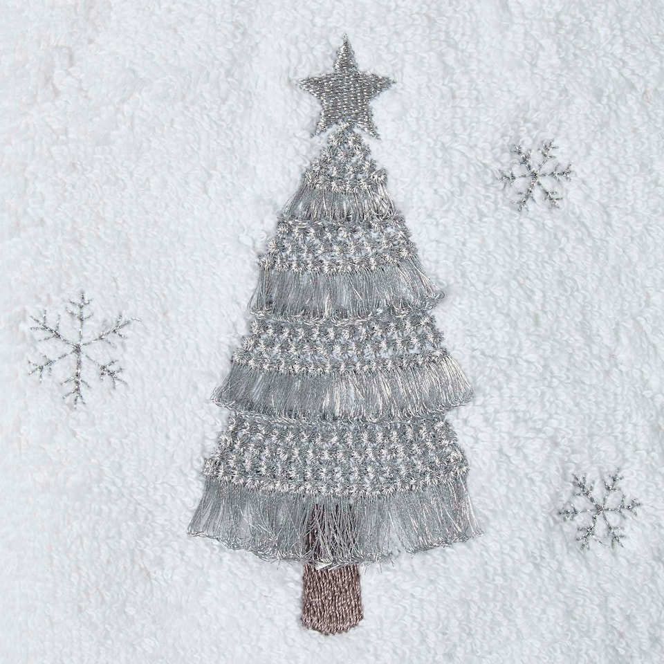 image 1 of Homescapes Silver Christmas Tree Embroidered 100% Cotton Hand Towel | Multi