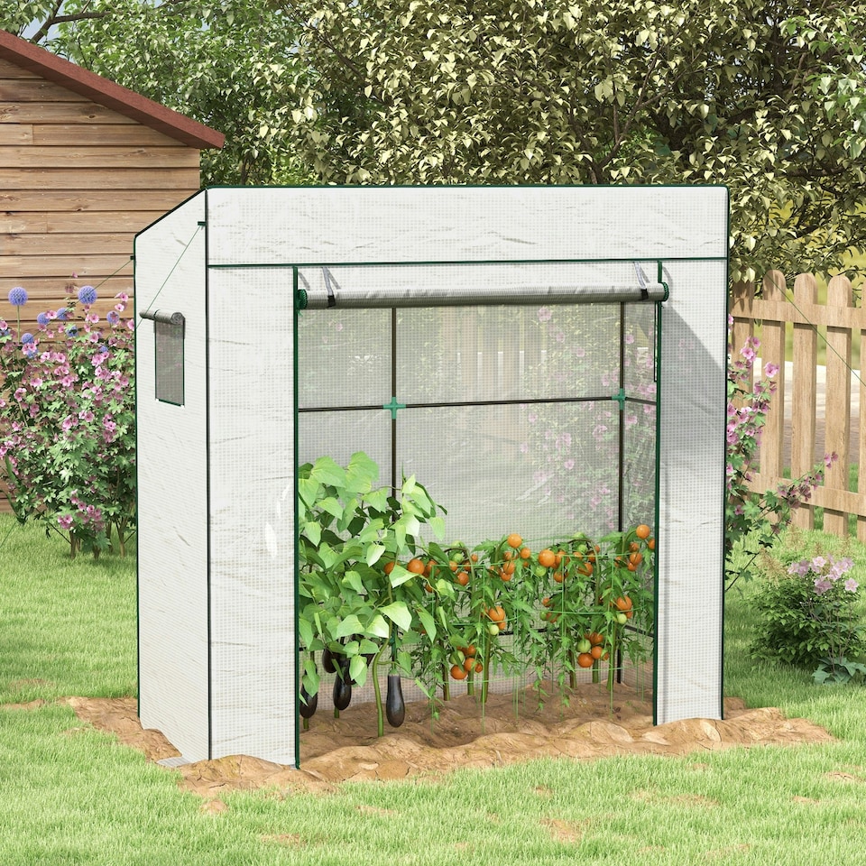image 1 of Walk-in Garden Green House with Large Roll-up Door and 2 Mesh Windows, Green