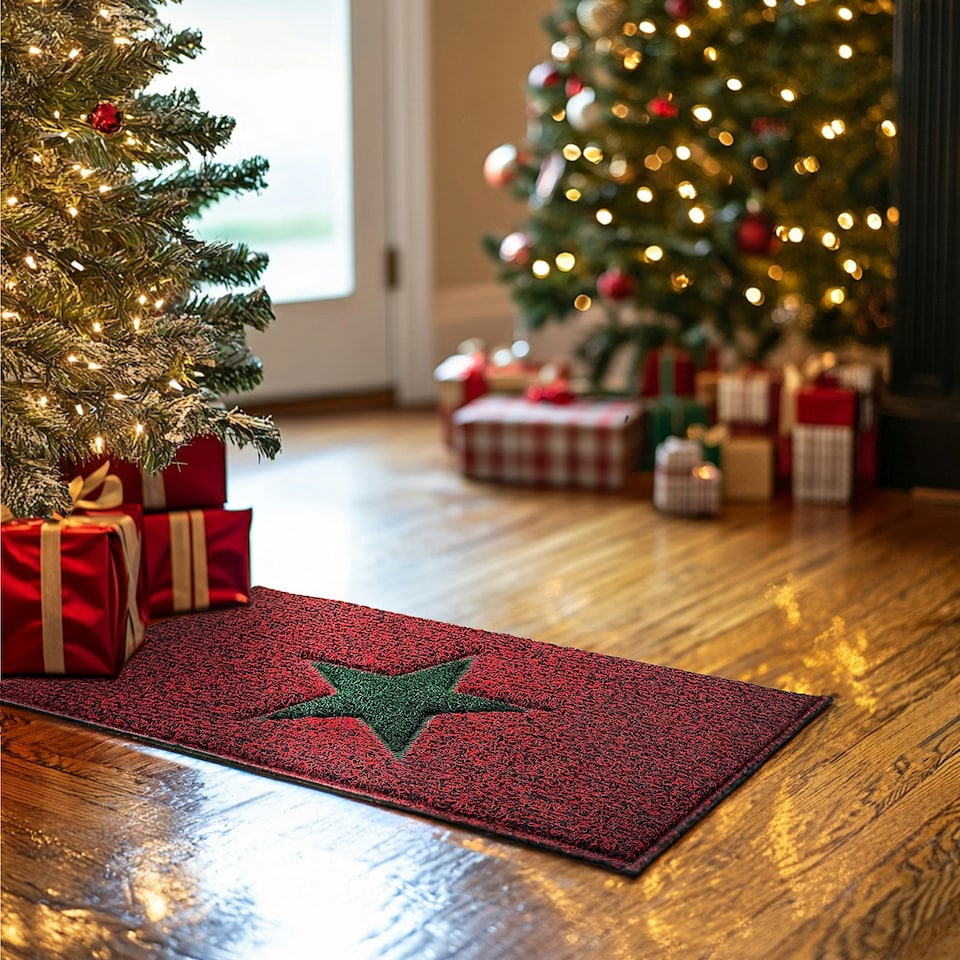 image 1 of Christmas Star PVC Spaghetti Doormat - Red, Black & Green Design Red | 90cm x 60cm
