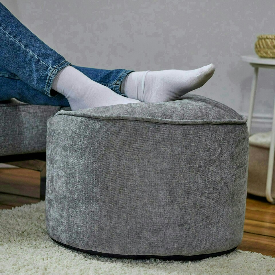 image 1 of icon Round Chenille Bean Bag Pouffe Grey Large Chenille Footstool | Grey | Grey | M
