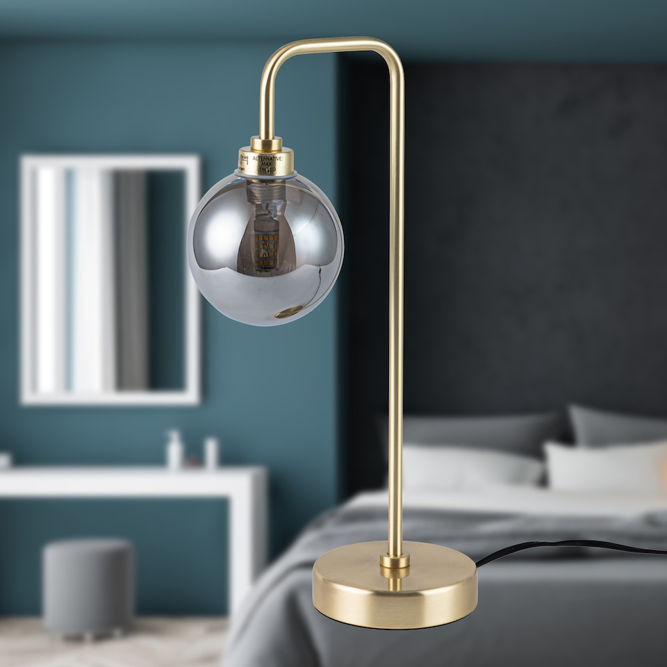 image 1 of Toner - Satin Brass with Smoked Glass Globe Table Lamp | Gold | Grey | Medium | 1