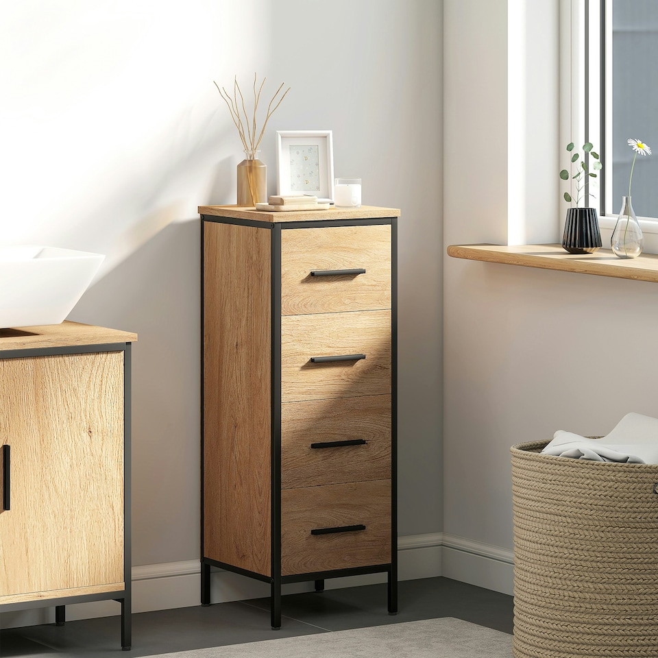 image 1 of HOMCOM Narrow Bathroom Storage Cabinet with 4 Drawers for Small Spaces, Oak Brown | Black