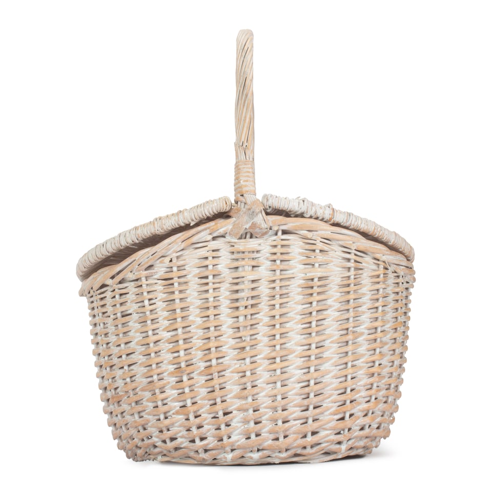 image 1 of White Wash Finish Oval Unlined Wicker Picnic Basket | White | White
