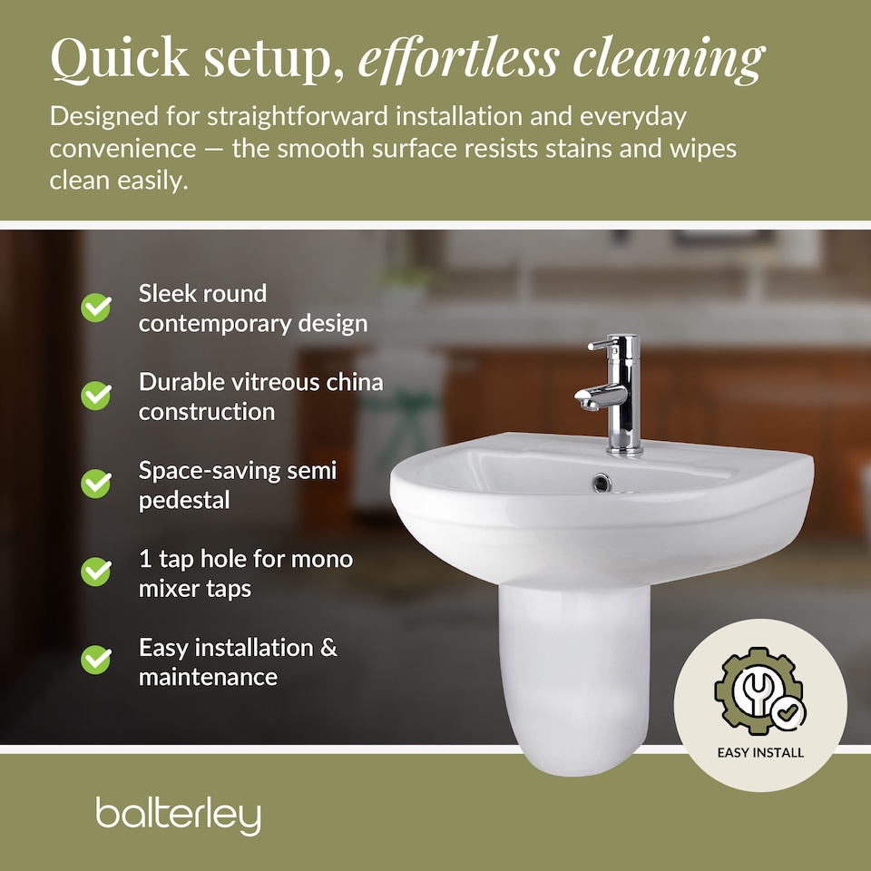 image 1 of Round 1 Tap Hole Basin Semi Pedestal 500mm | White | White | 416 x 500 x 466mm