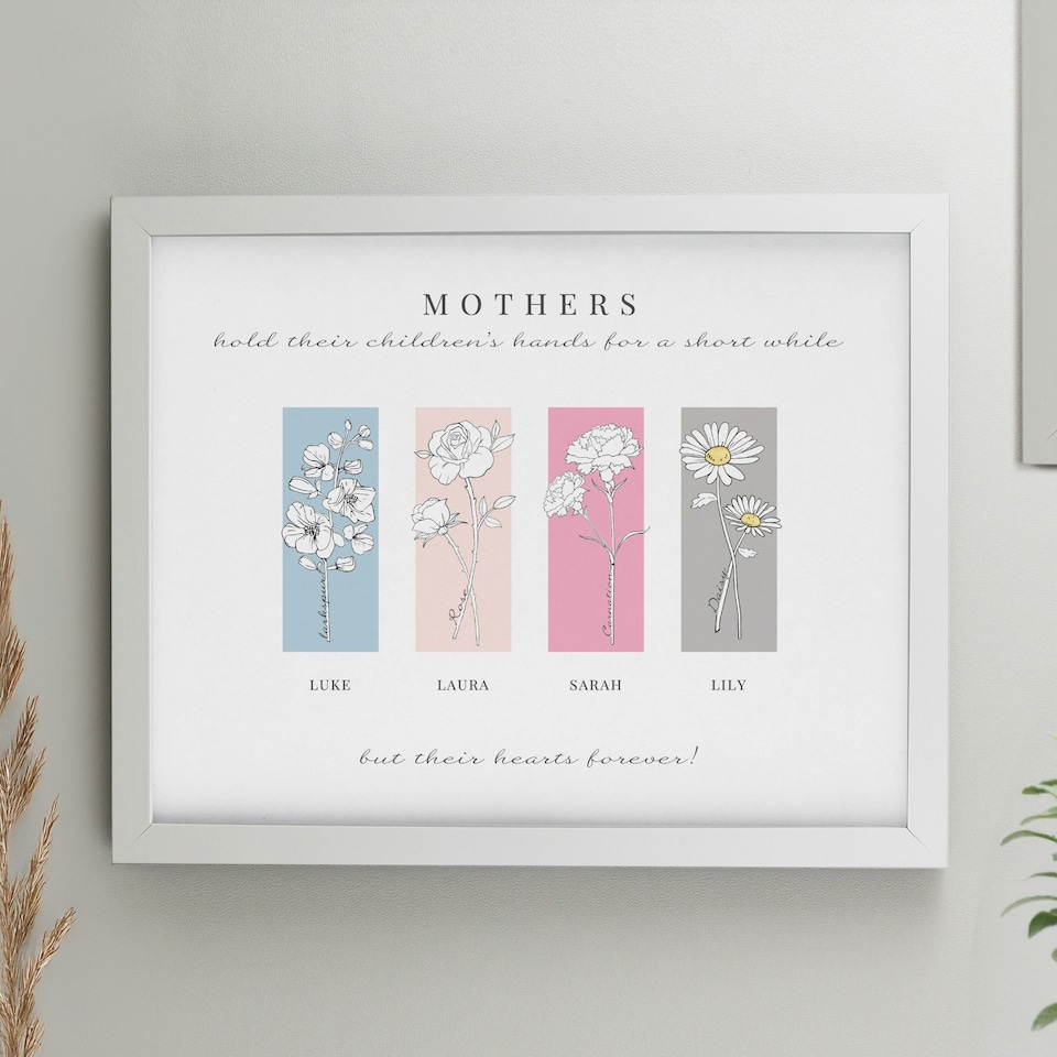 image 1 of Personalised Birth Flower Family of 4 White Framed Print White | One Size