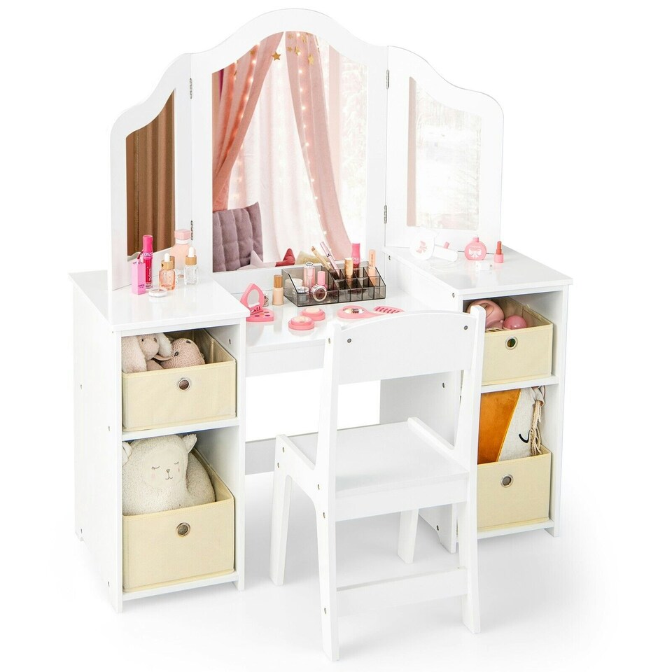 image 1 of COSTWAY Kids Vanity Table & Chair Set Makeup Vanity White