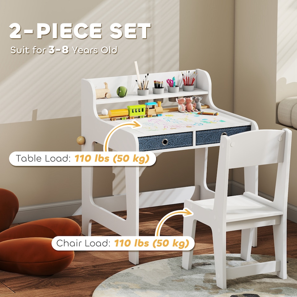 image 1 of AIYAPLAY Kids Desk and Chair Set, Art Table and Chair Set for children with Hutch & Drawers, Gift for Aged 3-8, Student Study Writing Table for Home School Bedroom Playroom