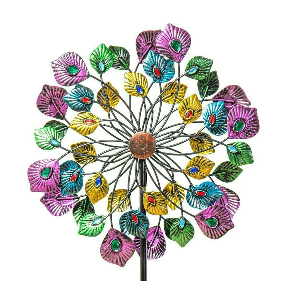image 1 of Primrose Peacock Feather Wind Spinner with Multicolour Gemstones 36cm