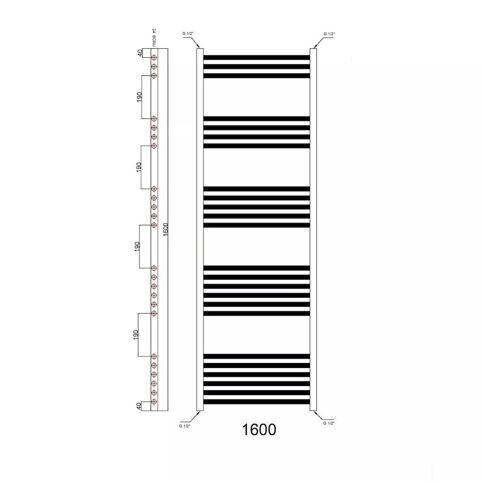 image 1 of Matt Black 1600 x 500mm Heated Bathroom Towel Rail Warmer Ladder Radiator with Straight Manual Valves Pair