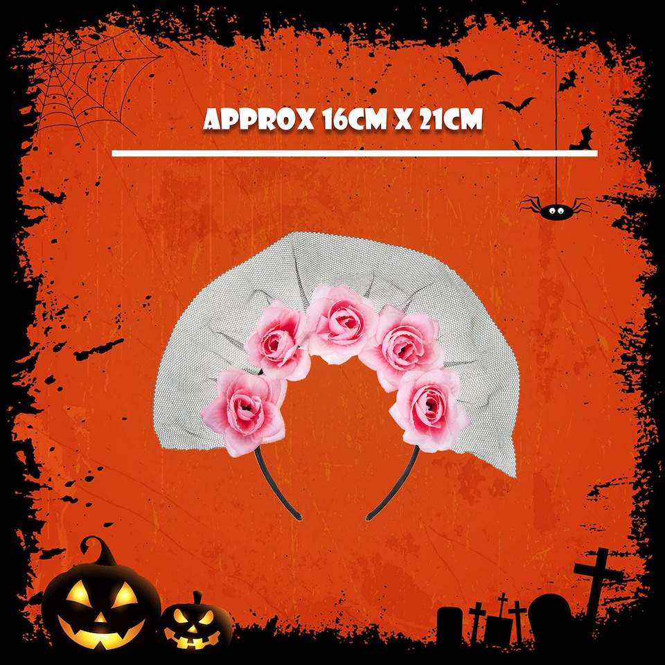 image 1 of vfm-estore Halloween Veil Headband 5 Roses Design, Pink - Party Costume Accessory