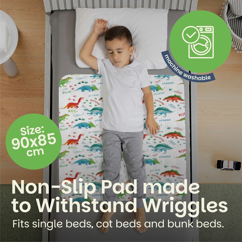 image 1 of Toddler Potty Training Bed Pads - Non-Slip - Soft Waterproof Bedwetting Pee Protector Mat for Kids - Multi-Layer, Washable, Absorbs Up to 2000ml - 90 x 85cm White | Dinosaur | Single
