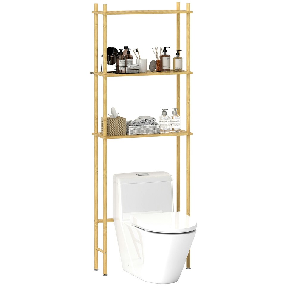 image 1 of HOMCOM Bamboo Over Toilet Storage Unit with 3 Slatted Shelves, Natural | Brown | 63.5W x 25.5D x 181H cm
