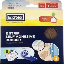Exitex Self Adhesive E Strip Seal 5m Draught Proofing Rubber, Seals Gaps 2mm to 4mm | Brown