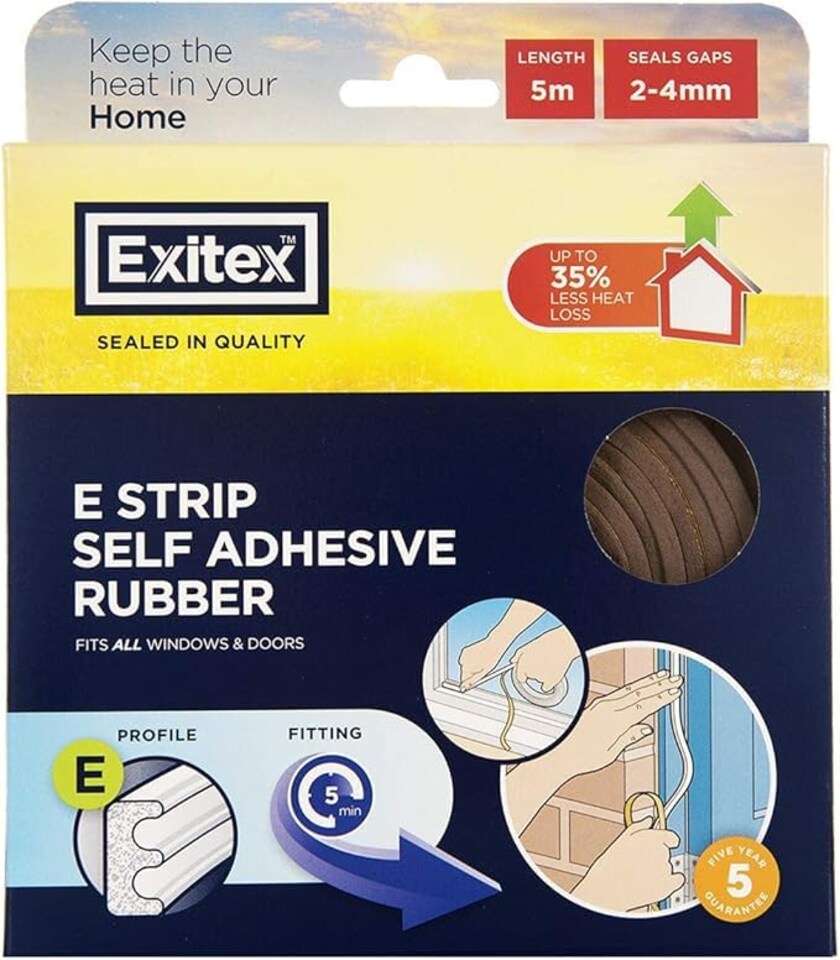 image 1 of Exitex Self Adhesive E Strip Seal 5m Draught Proofing Rubber, Seals Gaps 2mm to 4mm | Brown