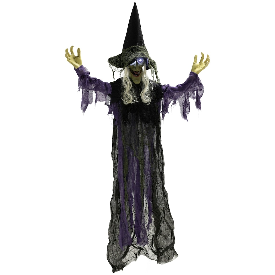 image 1 of Outsunny Voice Activated Halloween Animatronics Hanging Witch, Purple