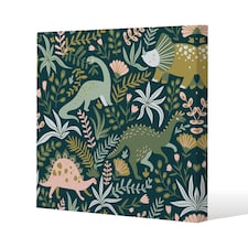 Hand drawn dinosaurs and tropical leaves and flowers. (Canvas Print) / 114 x 114 x 4cm | Multi