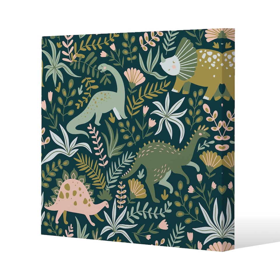 Hand drawn dinosaurs and tropical leaves and flowers. (Canvas Print) / 114 x 114 x 4cm | Multi