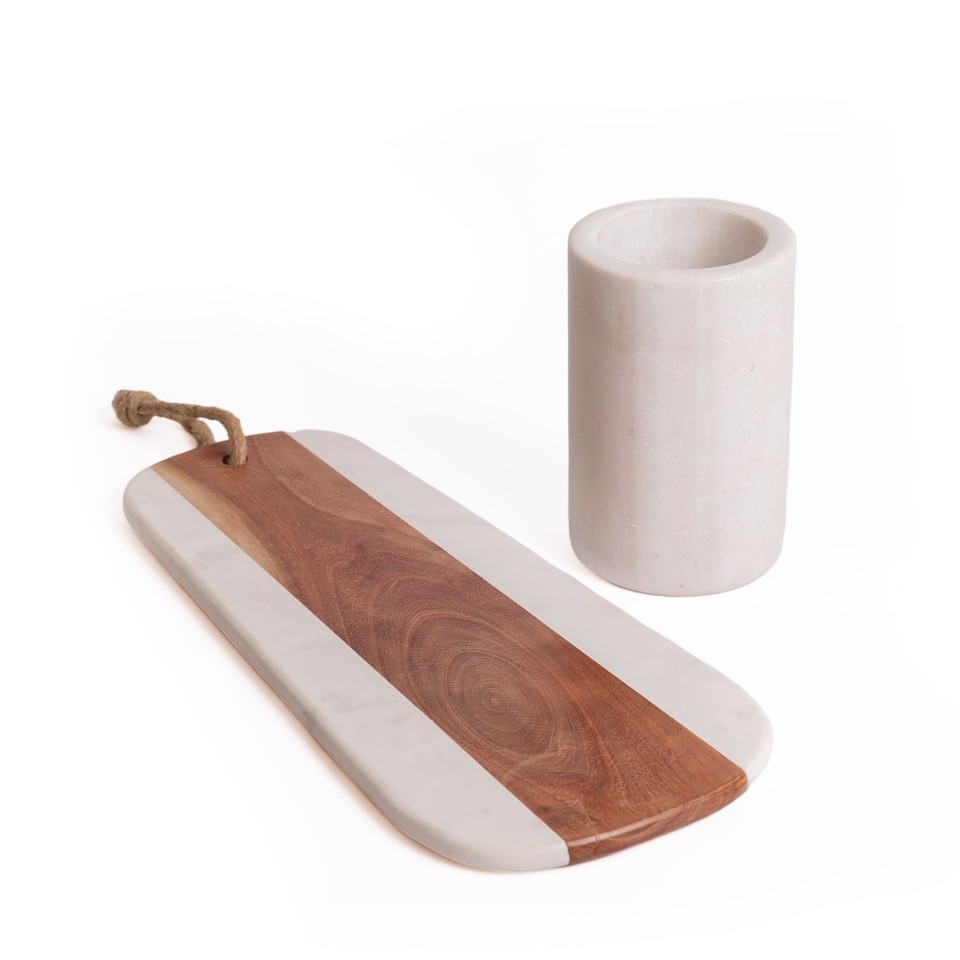 image 1 of Artesa 2 Piece Wine and Cheese Serving Set, Marble Wine Cooler and Acacia Wood Cheese Serving Board