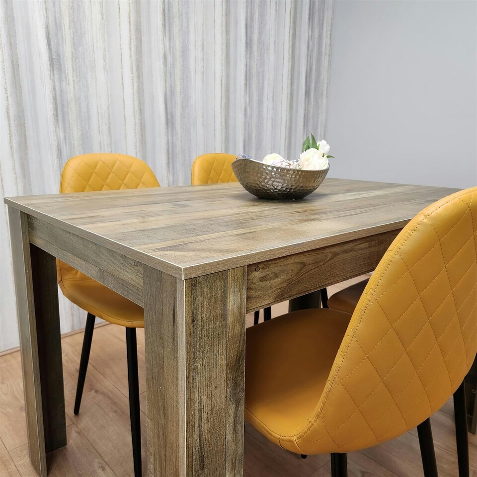 image 1 of Dining Table and 4 Chairs Rustic Effect Table with 4 Mustard Gem Patterned Chairs Brown