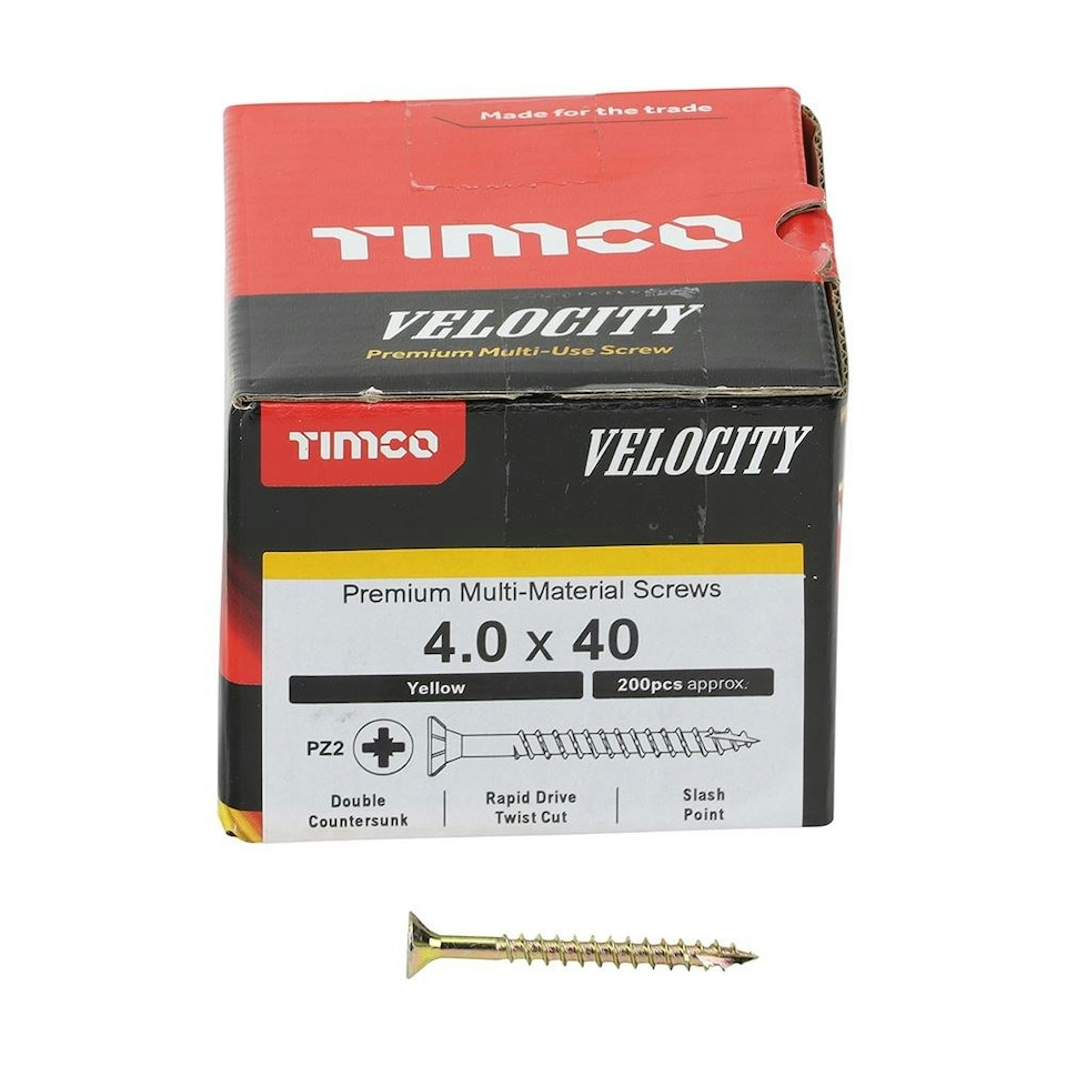 image 1 of Timco - Velocity Premium Multi-Use Screws - PZ - Double Countersunk - Yellow (Size 4.0 x 40 - 200 Pieces)