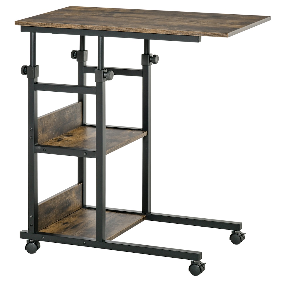 image 1 of HOMCOM C-Shaped Side Table Industrial Mobile Rolling End Desk with 3-Tier Storage Shelving, Adjustable Height, Wheels
