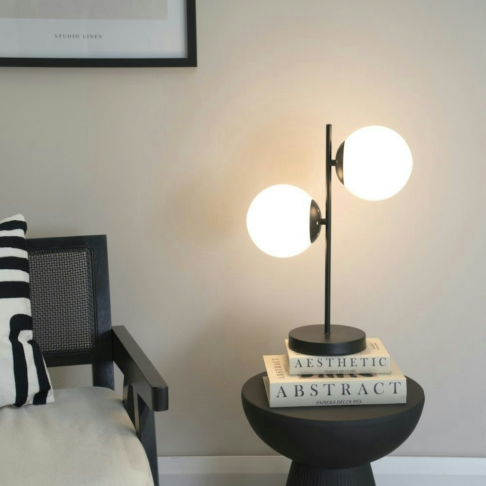 image 1 of ValueLights Jas Opal White Frosted Glass Globe Shades 2 Way Black Table Lamp and LED Bulbs | Black