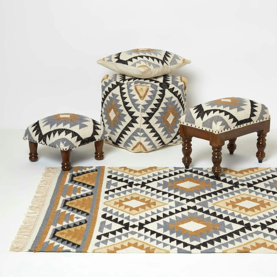 image 1 of Homescapes Agra Handwoven Kilim Footstool - 50 x 30 cm