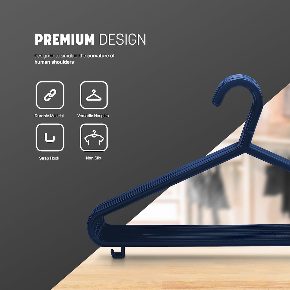 image 1 of Keplin Adult Plastic Coat Hangers Strong Slim Space Saving with Trouser Bar and Hooks