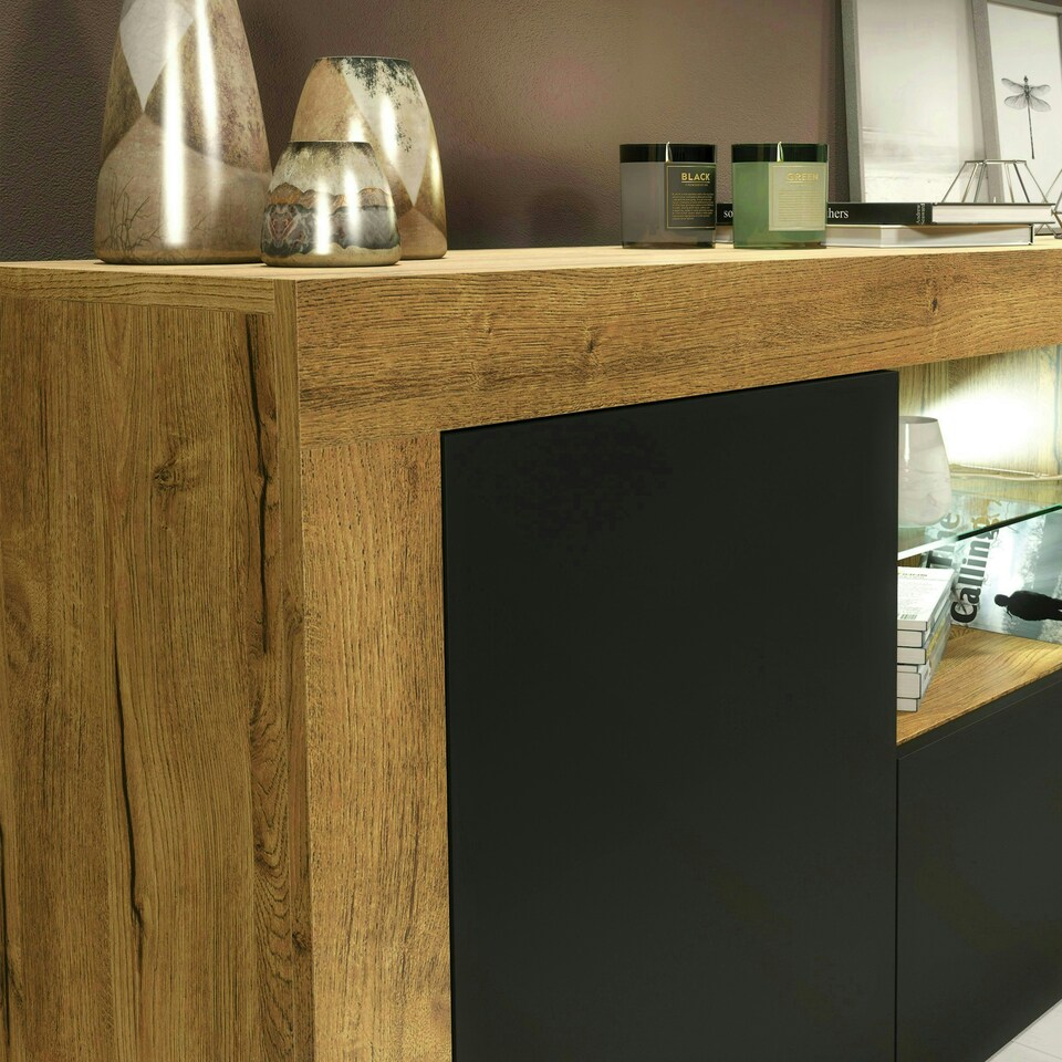 image 1 of TV Unit 145cm Black Matt Doors Free LED Oak Modern Media Cabinet Multi | Oak Matt Body & Black Matt Doors
