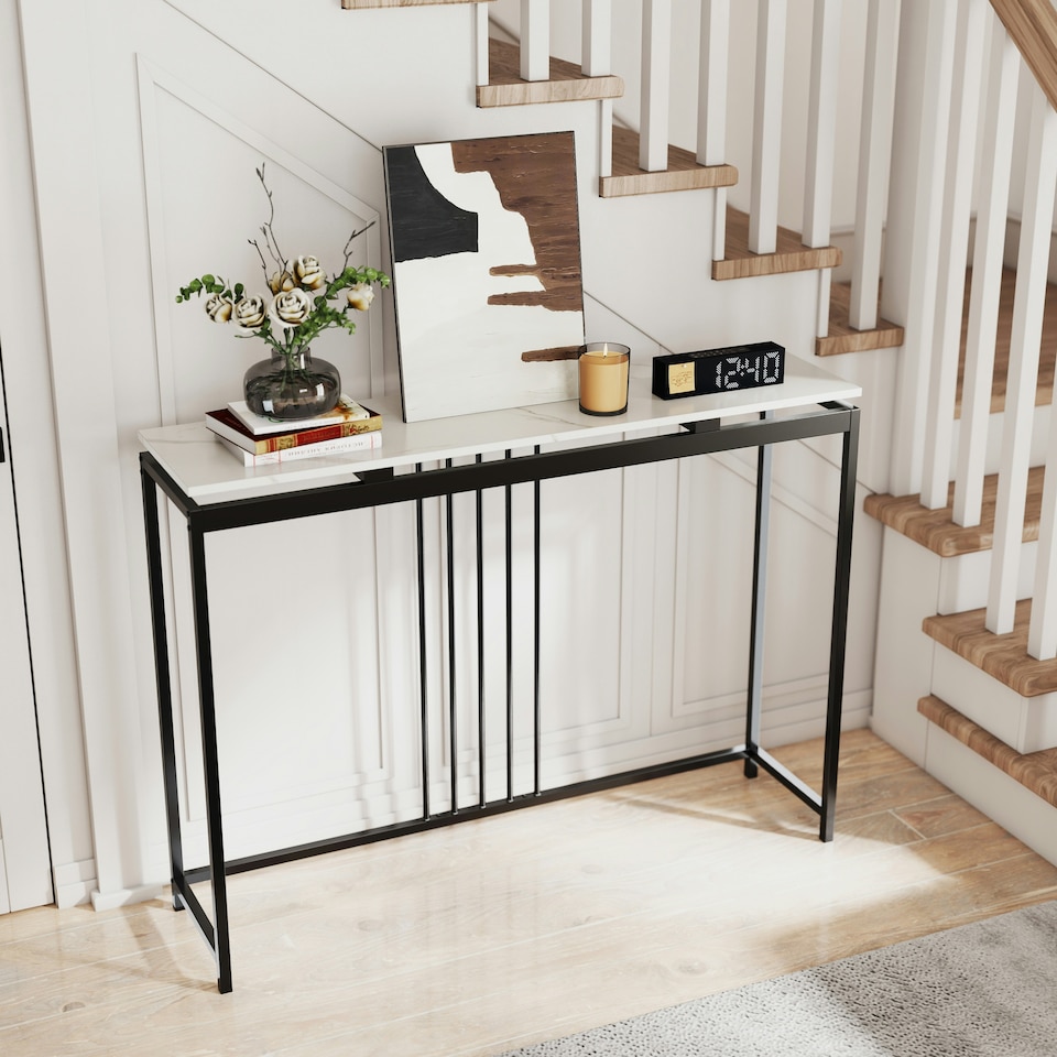 image 1 of COSTWAY 120cm Console Table Faux Marble Sofa Side End Table White Black