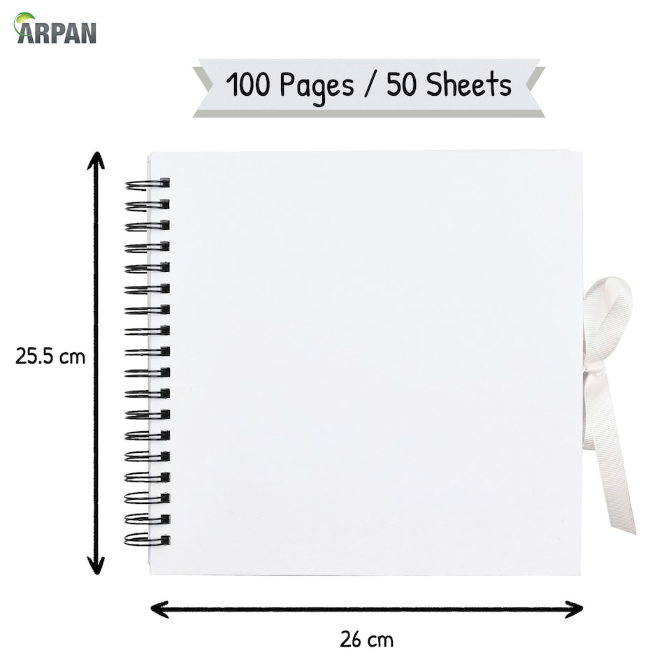 image 1 of ARPAN Spiral Bound Scrapbook Album – 50 Sheets / 100 Pages, 200 GSM Thick Paper – DIY Photo Album Memory Book with Ribbon Closure (26 x 25.5 cm) for Wedding, Baby, Travel, Artwork & Scrapbooking