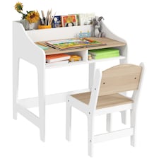 AIYAPLAY Kids Desk and Chair Set, Children Study Table with Storage, Natural | White | Natural wood finish and white | Desk: 68H x 60W x 48D cm; Chair: 53H x 30W x 33.5D cm