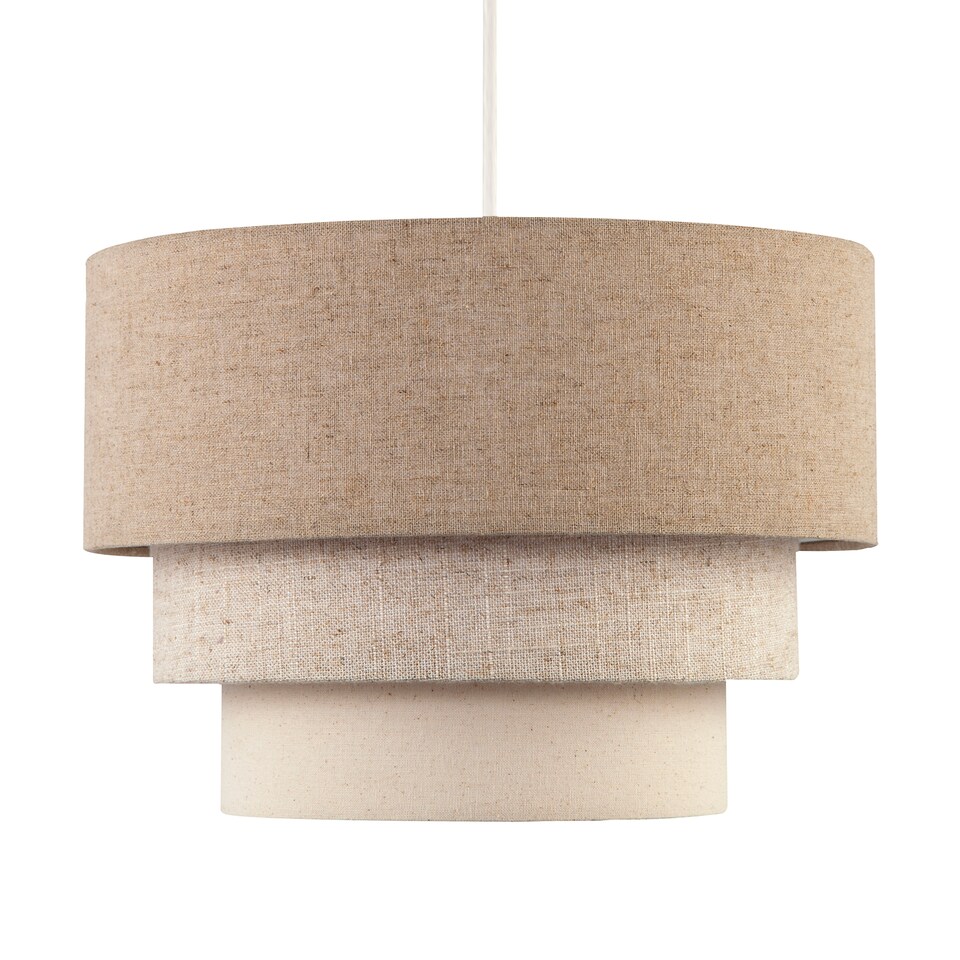 image 1 of Contemporary Round Triple Tier Beige and Oatmeal Linen Pendant Shade