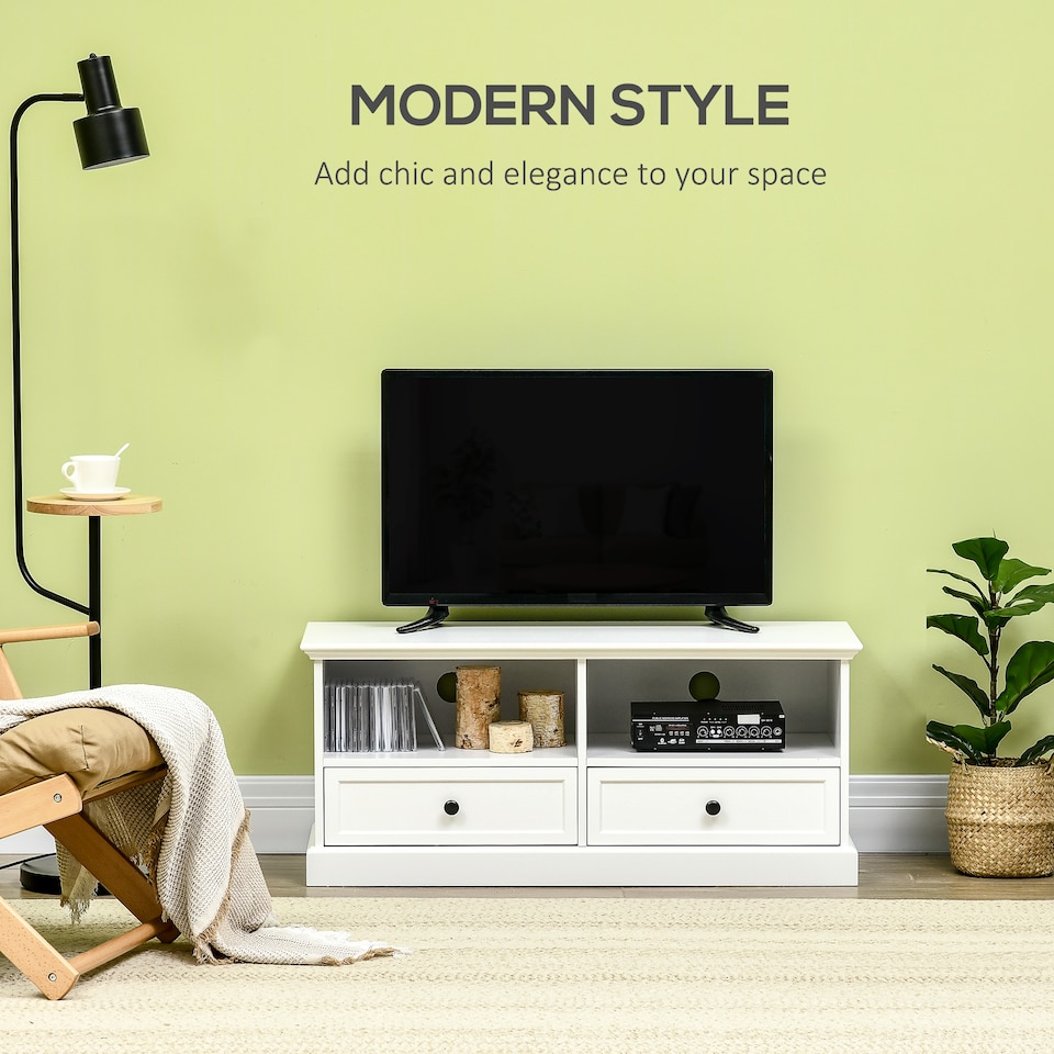 image 1 of HOMCOM Modern TV Unit Cabinet for TVs up to 45 Inches, TV Stand with Drawers, Open Shelves, Cable Holes for Living Room, White